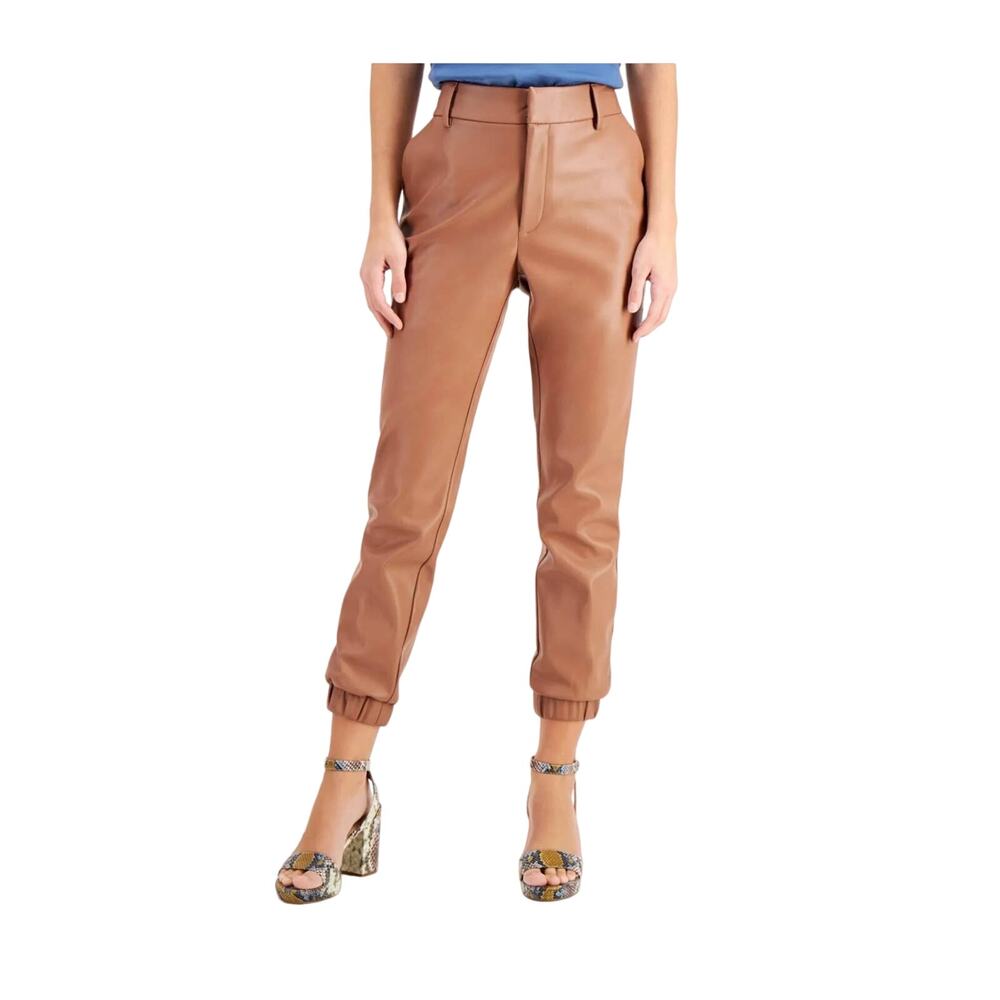Bar III Camel Brown Colored Faux Leather Jogger Pants Size 12 Preppy Neutral